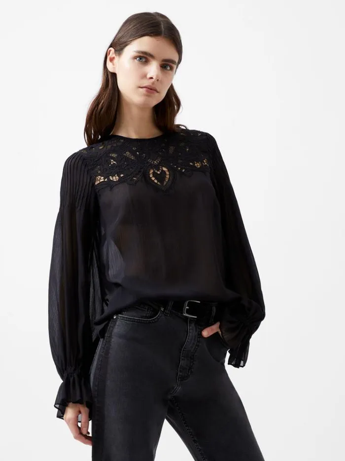 French Connection Tops Emina Chiffon Lace Blouse Blackout 8211 Woman