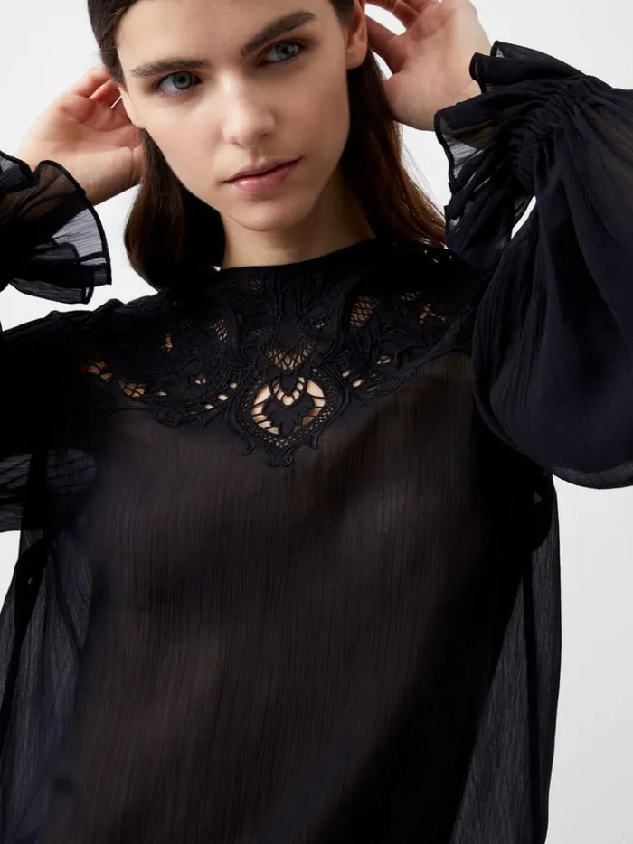 French Connection Tops Emina Chiffon Lace Blouse Blackout 8211 Woman