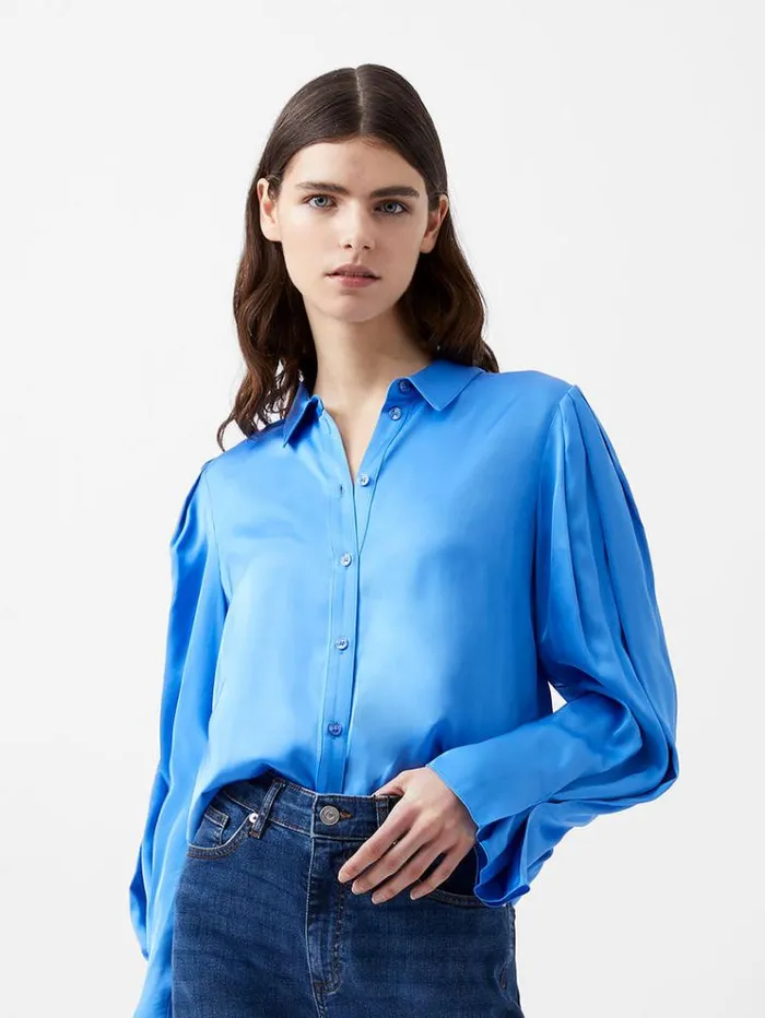 French Connection Tops Ennis Eco Satin Sleeve Detail Shirt Ultramarine 8211 Woman