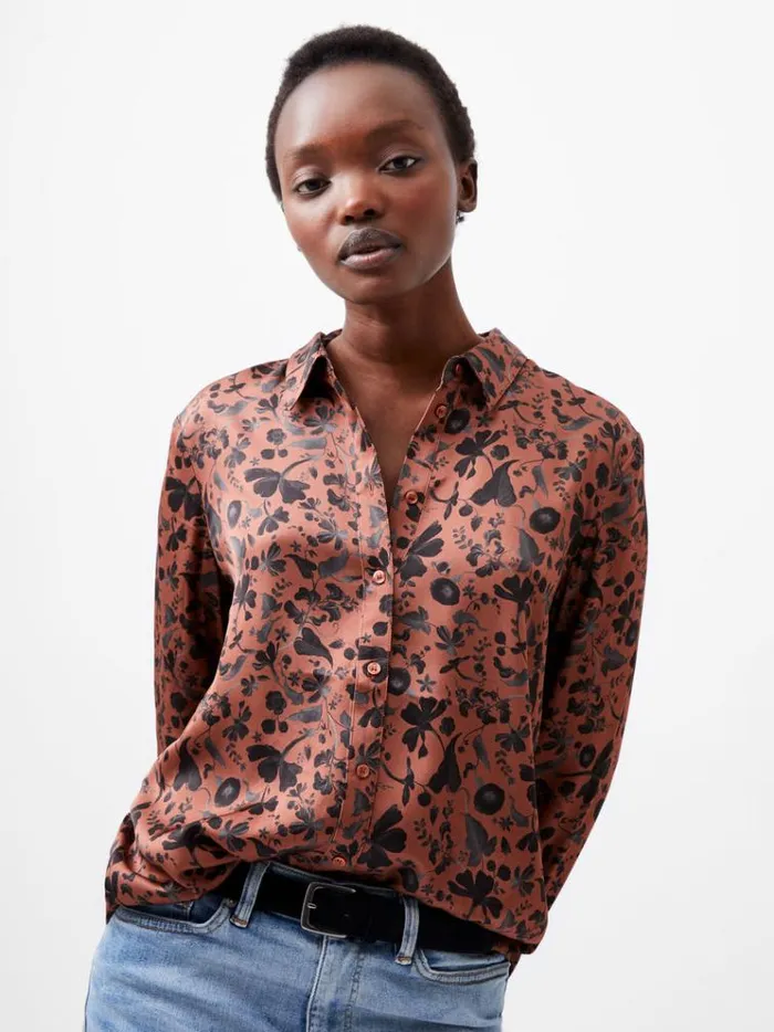 French Connection Tops Jeannie Ennis Eco Satin Shirt Russet Brown Multi 8211 Woman French Connection Tops Jeannie Ennis Eco Satin Shirt Russet Brown Multi 8211 Woman