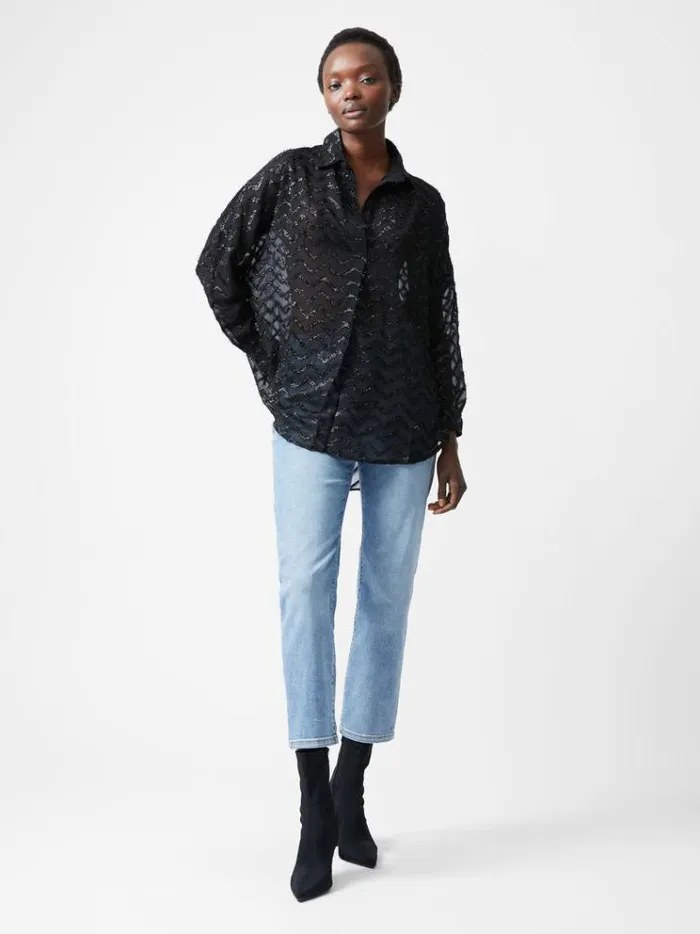 French Connection Tops Lurex Georgette Long Sleeve Popover Shirt Blackout 8211 Woman