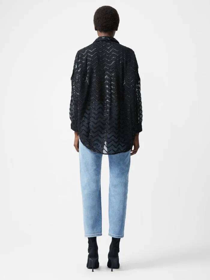 French Connection Tops Lurex Georgette Long Sleeve Popover Shirt Blackout 8211 Woman