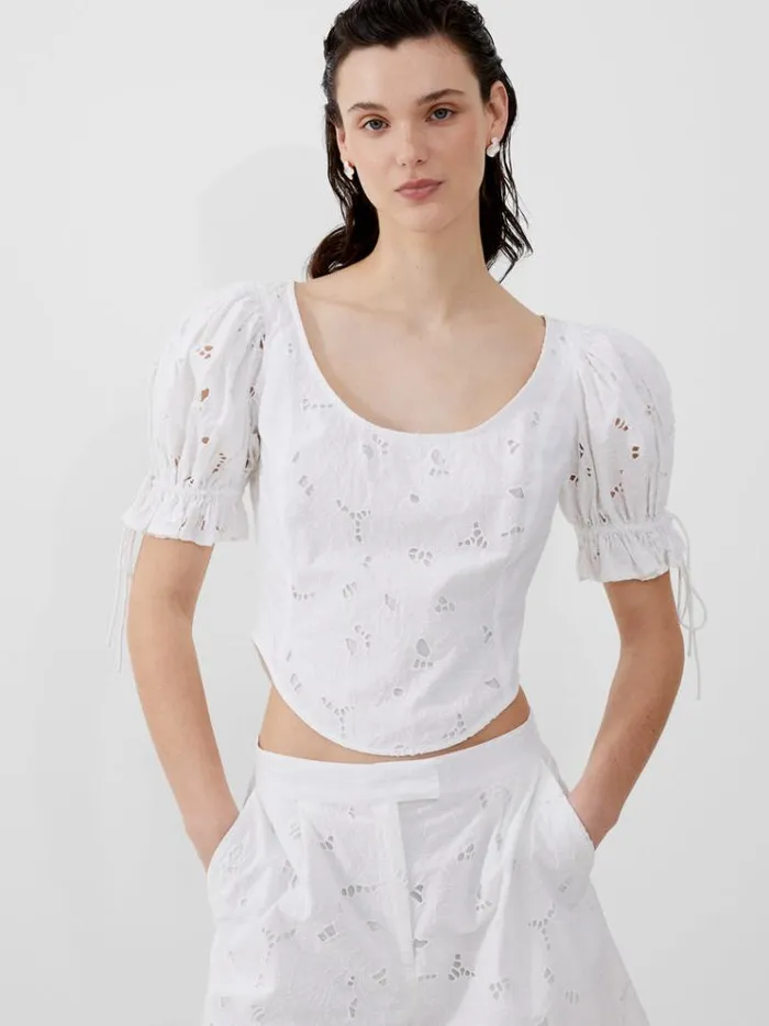 French Connection Tops Rhodes Cotton Embroidered Top Linen White 8211 Woman