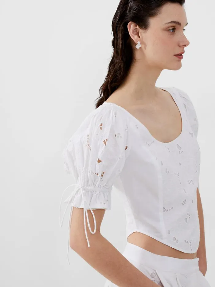 French Connection Tops Rhodes Cotton Embroidered Top Linen White 8211 Woman