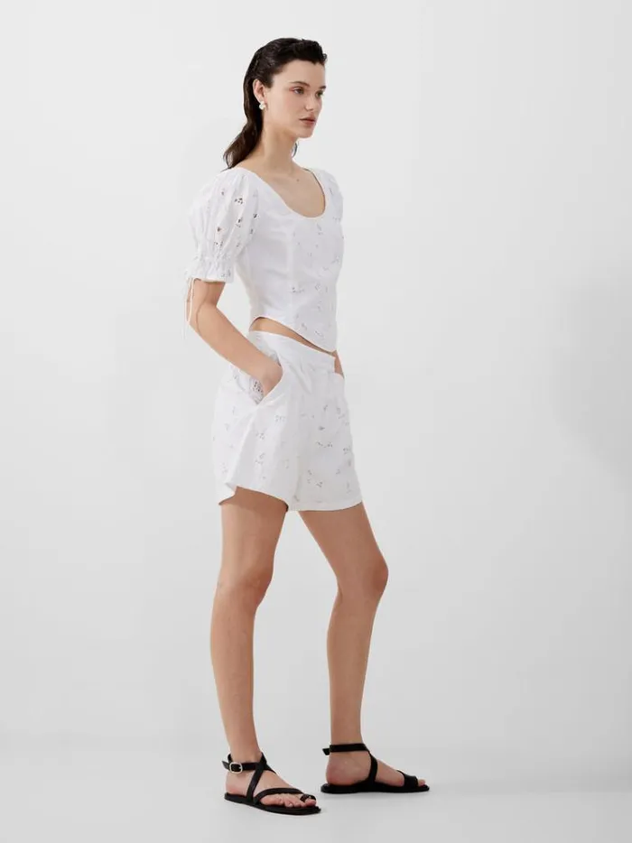 French Connection Tops Rhodes Cotton Embroidered Top Linen White 8211 Woman