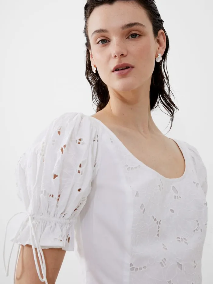 French Connection Tops Rhodes Cotton Embroidered Top Linen White 8211 Woman