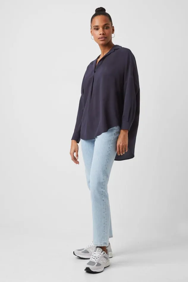 French Connection Tops Rhodes Recycled Crepe Popover Shirt Utility Blue 8211 Woman