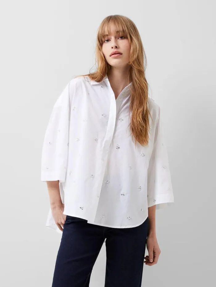 French Connection Tops Rhodes Rhinestone Shirt Linen White 8211 Woman
