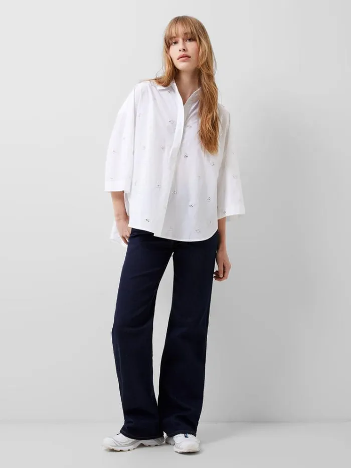 French Connection Tops Rhodes Rhinestone Shirt Linen White 8211 Woman
