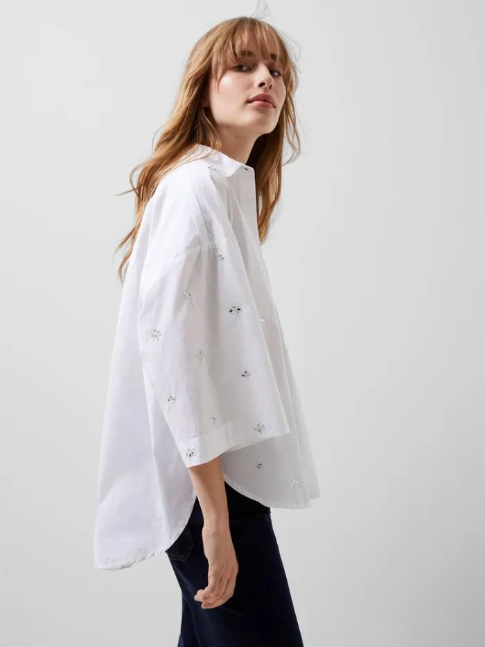 French Connection Tops Rhodes Rhinestone Shirt Linen White 8211 Woman