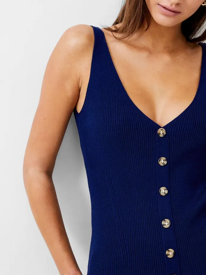 French Connection Tops Ribbed ButtonThrough Vest Dk Navy 8211 Woman