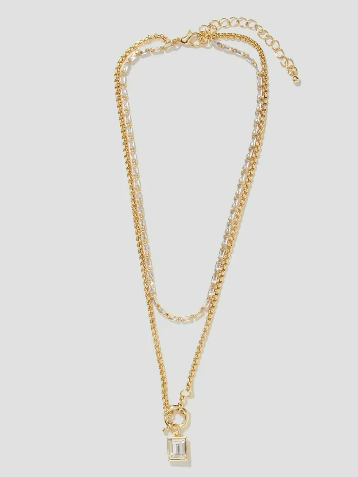 GoldTone Emerald Pendant Layered Necklace Gold Women Jewelry GUESS