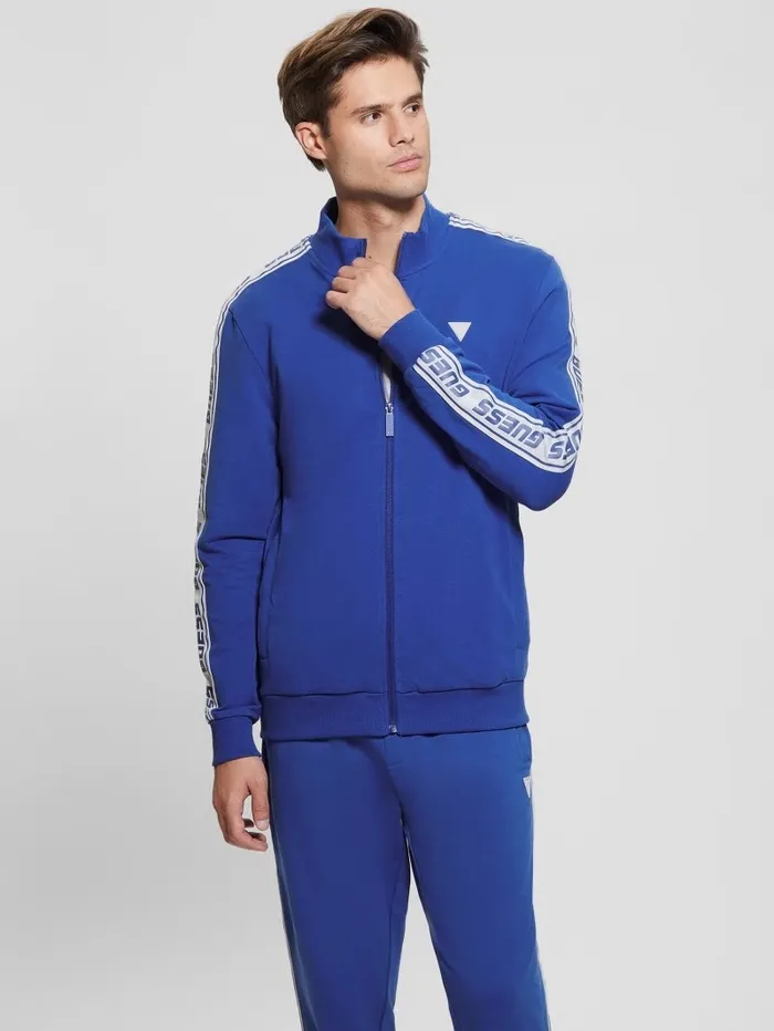 GUESS Eco Arlo Logo Tape Zip Sweatshirt Blue Maya Men Jackets and Coats GUESS Eco Arlo Logo Tape Zip Sweatshirt Blue Maya Men Jackets and Coats