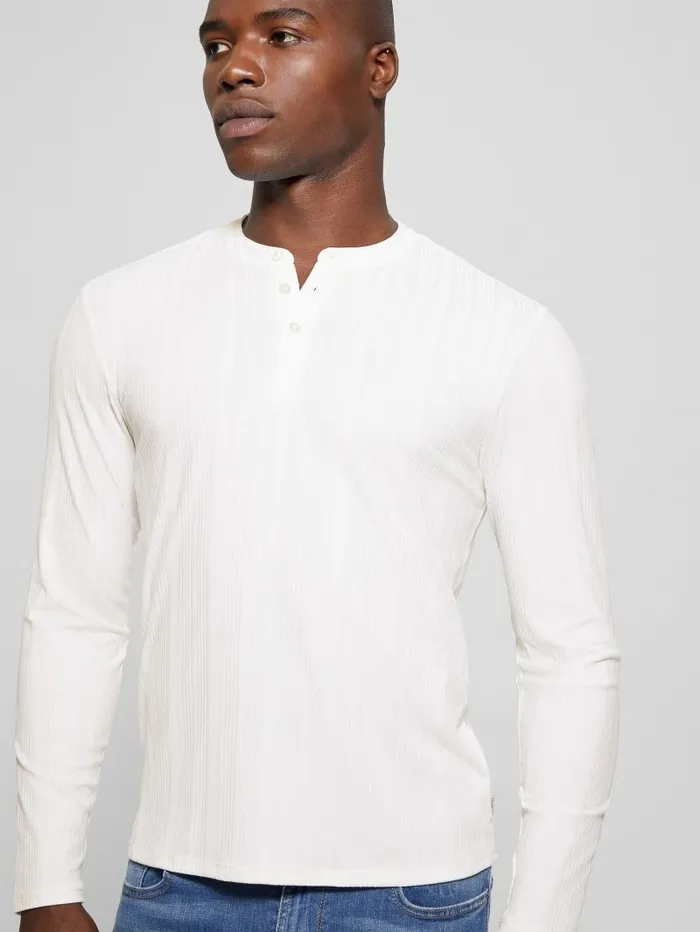GUESS Eco Brentwood Knit Henley Salt White Men TShirts and Tanks