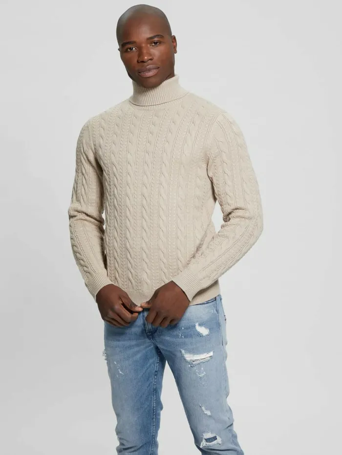 GUESS Eco Ethan Turtleneck Sweater Neutral Sand Men Hoodies and Sweaters