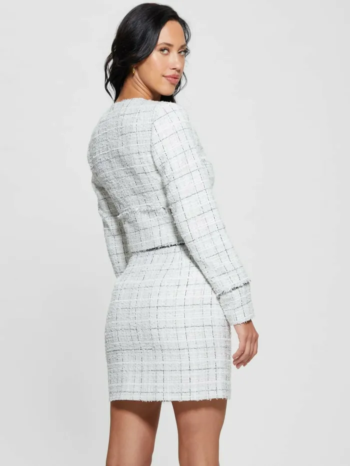 GUESS Eco Sofia Tweed Jacket Check Tweed White Combo Women Jackets and Coats GUESS Eco Sofia Tweed Jacket Check Tweed White Combo Women Jackets and Coats