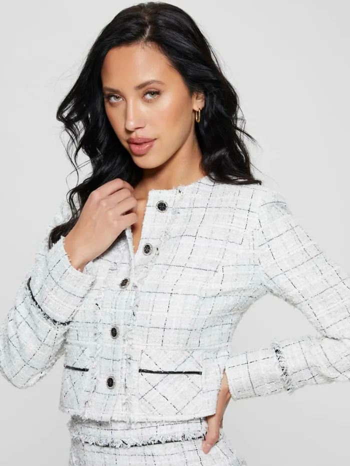 GUESS Eco Sofia Tweed Jacket Check Tweed White Combo Women Jackets and Coats GUESS Eco Sofia Tweed Jacket Check Tweed White Combo Women Jackets and Coats