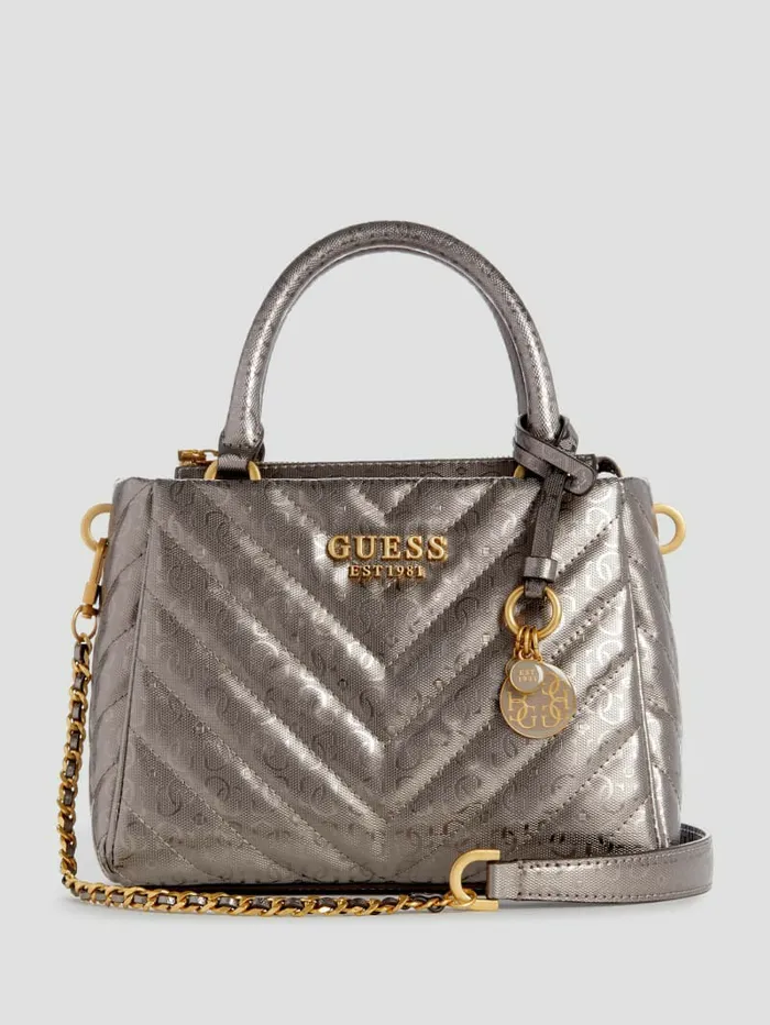 GUESS Handbags Women Jania Metallic Quilted Small Girlfriend Satchel Pewter
