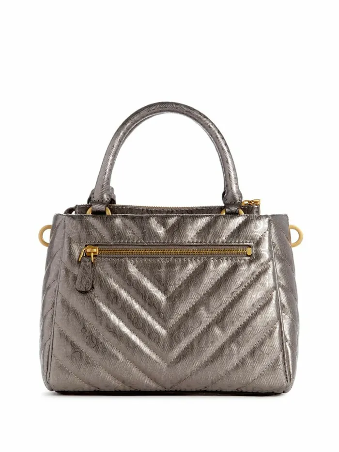GUESS Handbags Women Jania Metallic Quilted Small Girlfriend Satchel Pewter