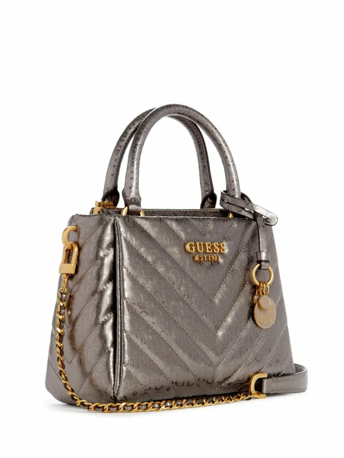 GUESS Handbags Women Jania Metallic Quilted Small Girlfriend Satchel Pewter