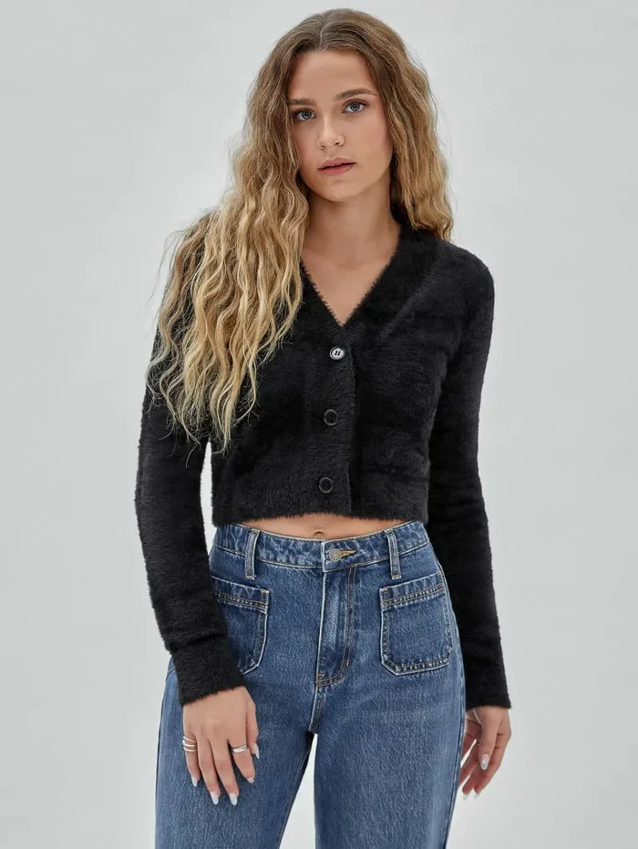 GUESS Originals Fuzzy Cropped Cardigan Black Women Tops GUESS