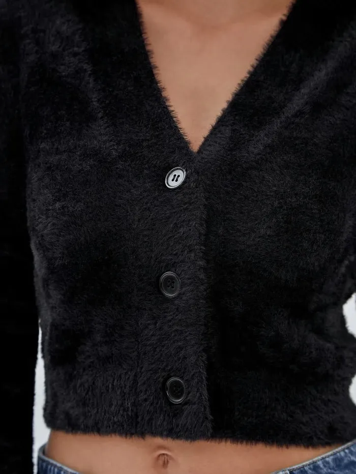 GUESS Originals Fuzzy Cropped Cardigan Black Women Tops GUESS GUESS Originals Fuzzy Cropped Cardigan Black Women Tops GUESS