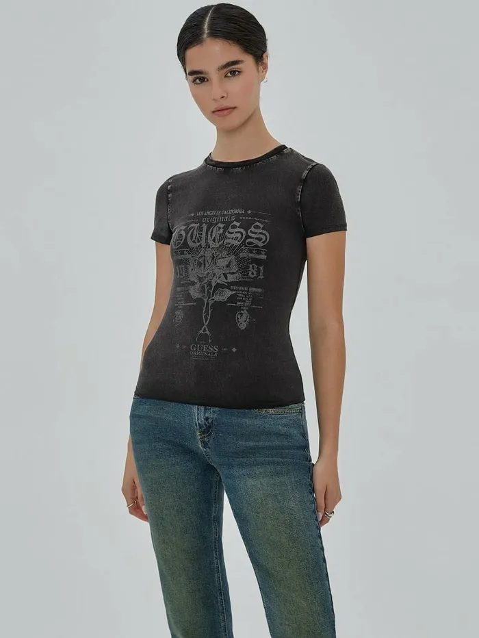 GUESS Originals Rose Regular Tee Jet Black Multi Women Tops GUESS