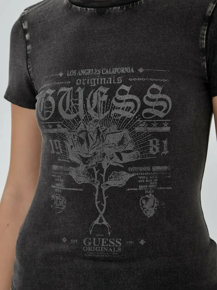 GUESS Originals Rose Regular Tee Jet Black Multi Women Tops GUESS