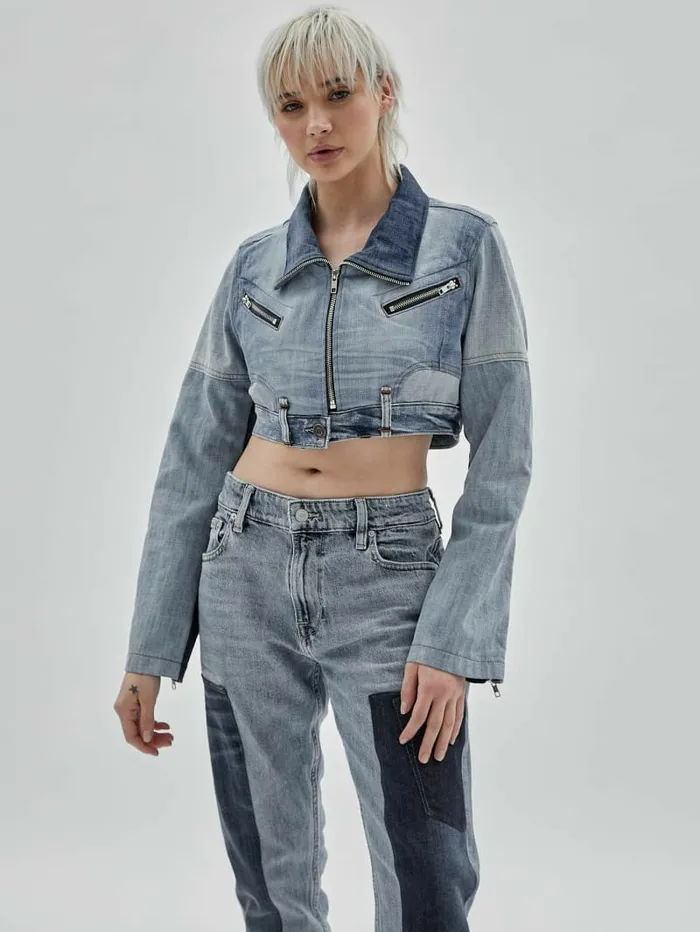 GUESS Originals x Homeboy Upcycled Denim Moto Jacket Upcycled Medium Wash Mult Women Jackets and Coats GUESS GUESS Originals x Homeboy Upcycled Denim Moto Jacket Upcycled Medium Wash Mult Women Jackets and Coats GUESS
