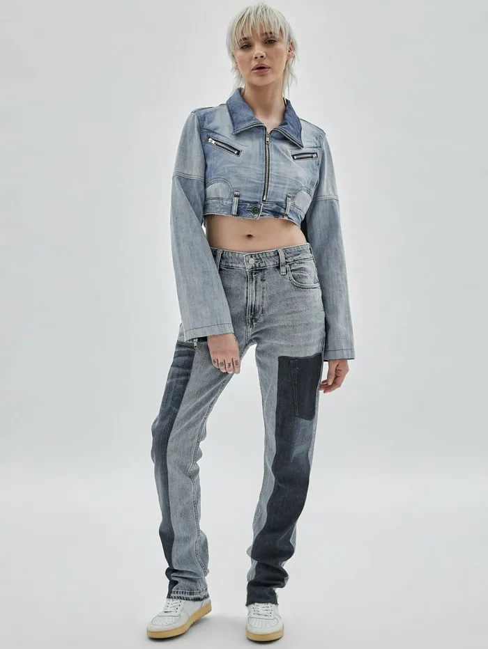 GUESS Originals x Homeboy Upcycled Denim Moto Jacket Upcycled Medium Wash Mult Women Jackets and Coats GUESS GUESS Originals x Homeboy Upcycled Denim Moto Jacket Upcycled Medium Wash Mult Women Jackets and Coats GUESS