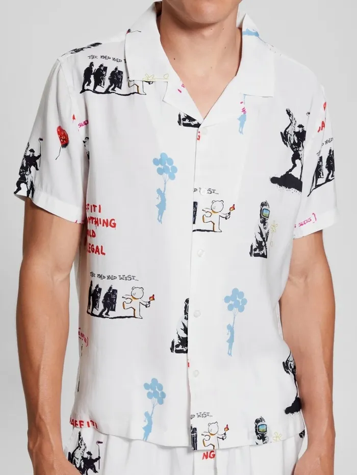 GUESS Shirts Men Graffiti Sandwashed Woven Camp Shirt Street Graffiti