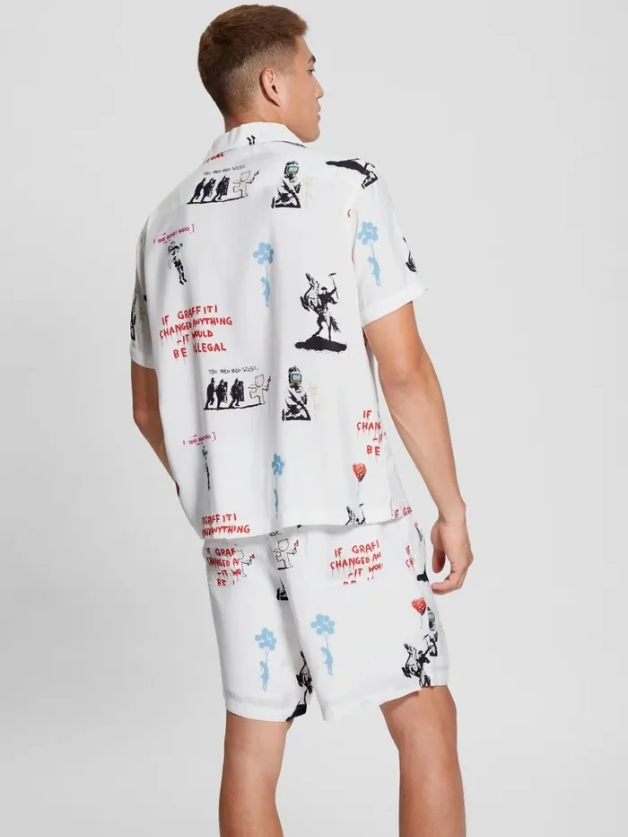 GUESS Shirts Men Graffiti Sandwashed Woven Camp Shirt Street Graffiti GUESS Shirts Men Graffiti Sandwashed Woven Camp Shirt Street Graffiti