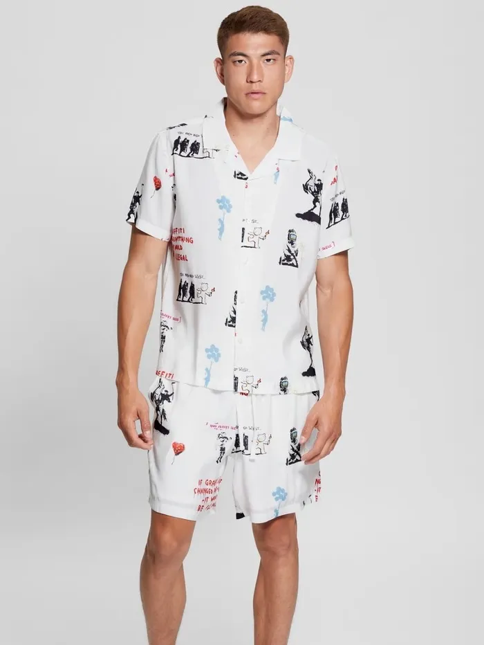 GUESS Shirts Men Graffiti Sandwashed Woven Camp Shirt Street Graffiti GUESS Shirts Men Graffiti Sandwashed Woven Camp Shirt Street Graffiti