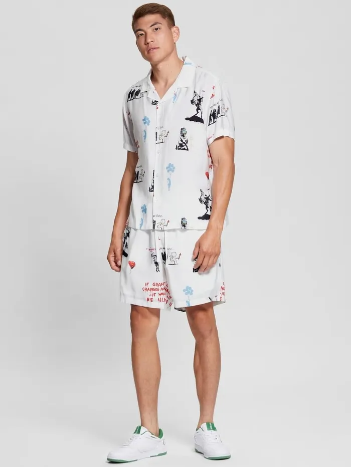 GUESS Shirts Men Graffiti Sandwashed Woven Camp Shirt Street Graffiti GUESS Shirts Men Graffiti Sandwashed Woven Camp Shirt Street Graffiti