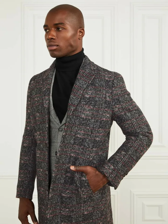 GUESS Single Breasted WoolBlend Coat BlackWhiteRed Check Men Jackets and Coats