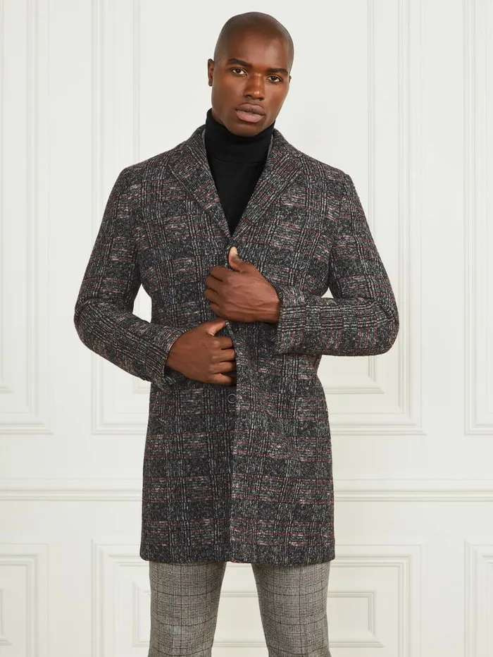 GUESS Single Breasted WoolBlend Coat BlackWhiteRed Check Men Jackets and Coats