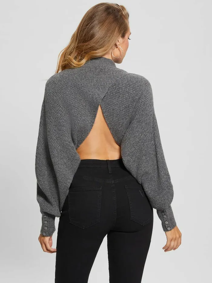 GUESS Toki Open Back Shrug Sweater Dark Coal Heather Women Tops GUESS Toki Open Back Shrug Sweater Dark Coal Heather Women Tops