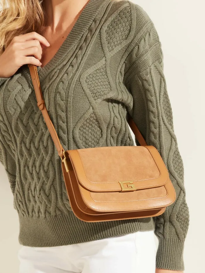 Handbags GUESS Women Thea Mini Flap Leather Crossbody Cognac