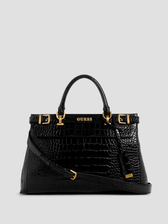 Handbags Women GUESS Sestri CrocodileEmbossed Satchel Black