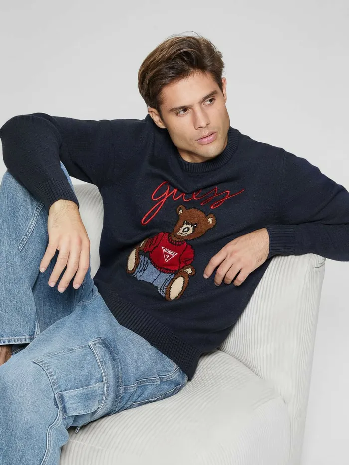 Hoodies and Sweaters GUESS Men Eco Liam Bear Sweater Bleu lgant Hoodies and Sweaters GUESS Men Eco Liam Bear Sweater Bleu lgant