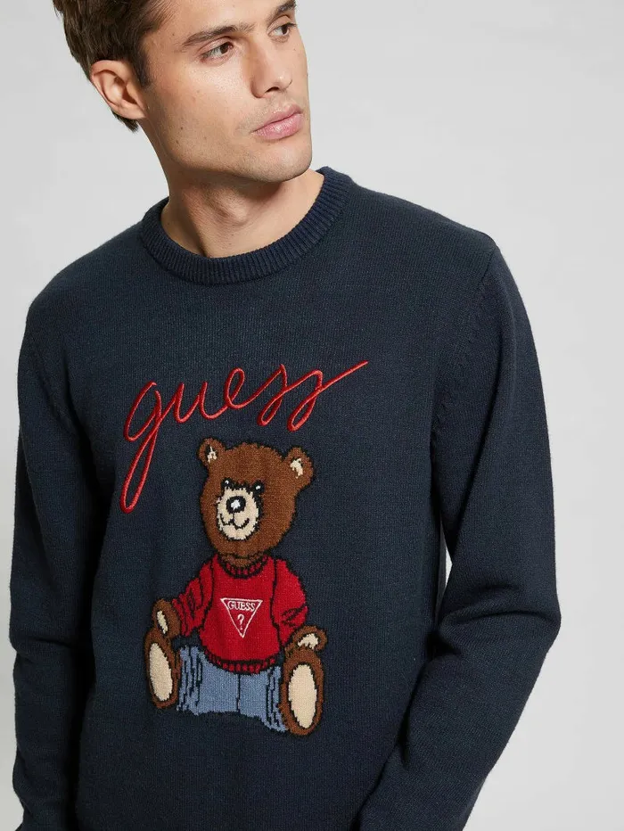 Hoodies and Sweaters GUESS Men Eco Liam Bear Sweater Bleu lgant Hoodies and Sweaters GUESS Men Eco Liam Bear Sweater Bleu lgant