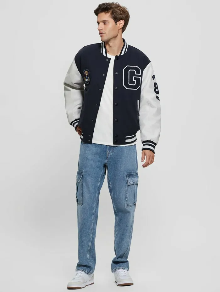 Jackets and Coats GUESS Men Bear Varsity Jacket Bleu lgant Jackets and Coats GUESS Men Bear Varsity Jacket Bleu lgant
