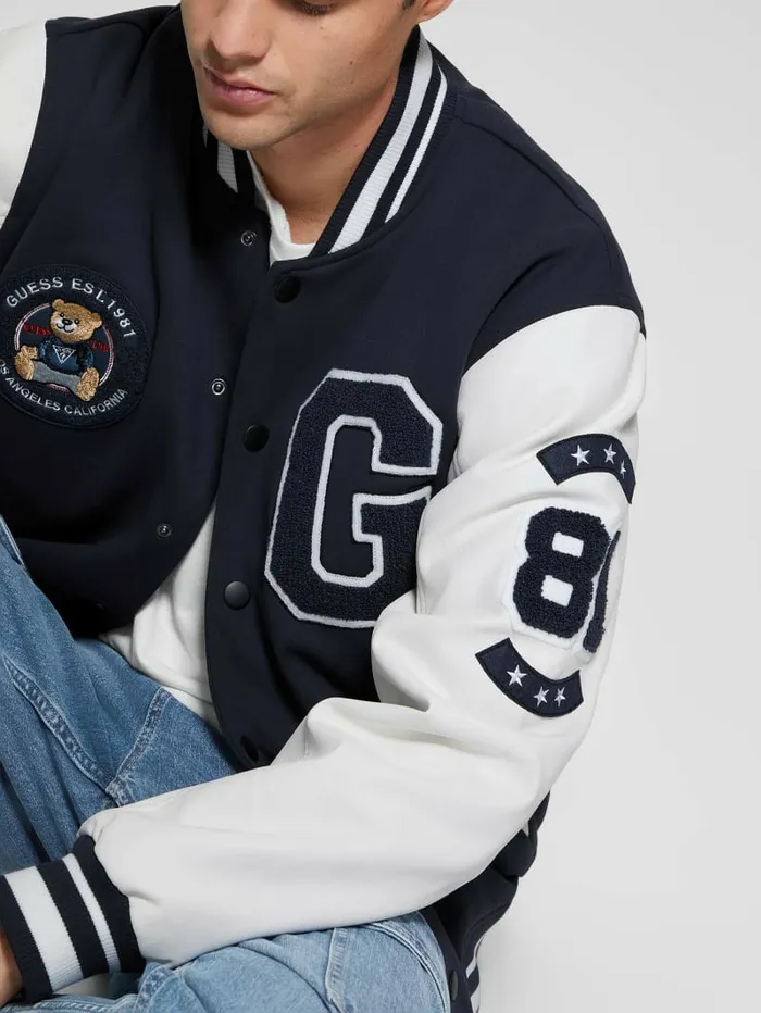 Jackets and Coats GUESS Men Bear Varsity Jacket Bleu lgant Jackets and Coats GUESS Men Bear Varsity Jacket Bleu lgant