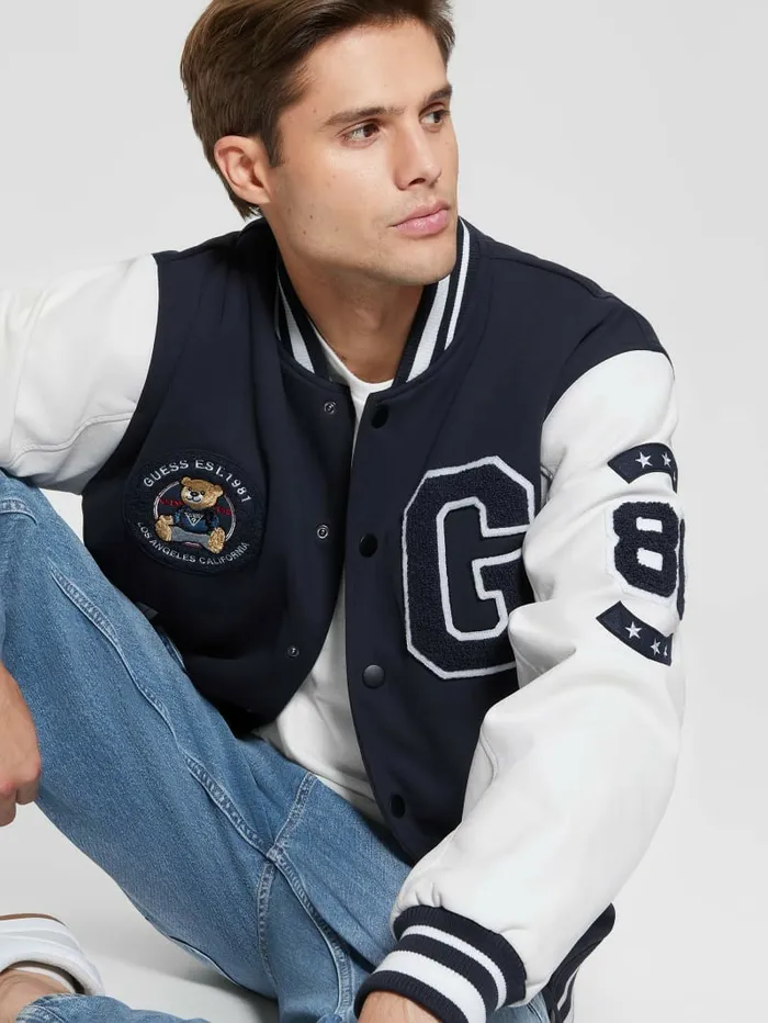 Jackets and Coats GUESS Men Bear Varsity Jacket Bleu lgant Jackets and Coats GUESS Men Bear Varsity Jacket Bleu lgant