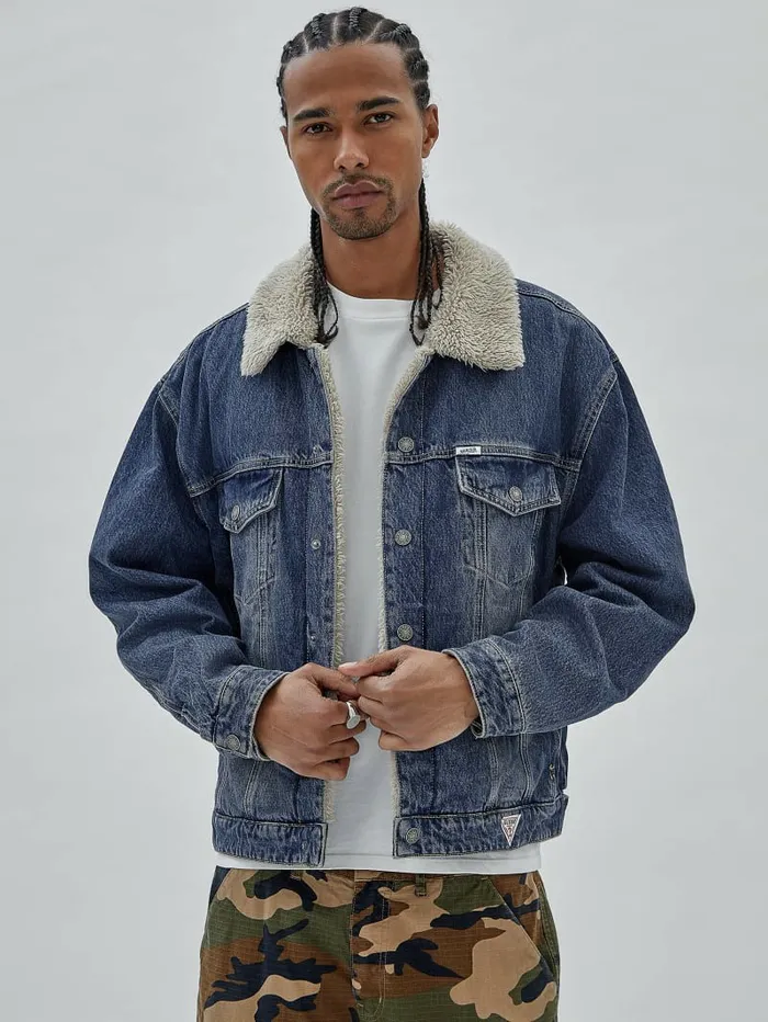 Jackets and Coats GUESS Originals Denim Trucker Jacket Go Used Dark Medium Wash 8211 GUESS Men Jackets and Coats GUESS Originals Denim Trucker Jacket Go Used Dark Medium Wash 8211 GUESS Men
