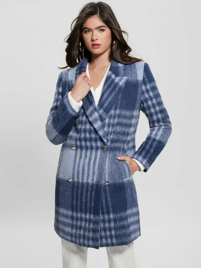 Jackets and Coats GUESS Women Ramona Plaid Coat Blue Check