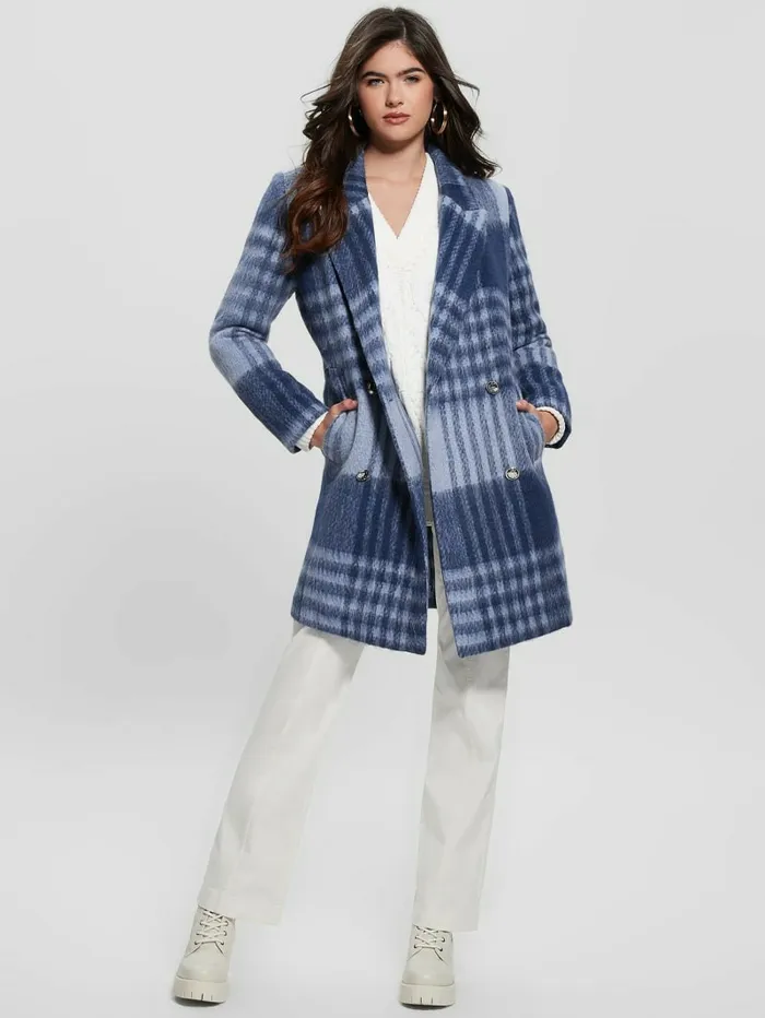 Jackets and Coats GUESS Women Ramona Plaid Coat Blue Check Jackets and Coats GUESS Women Ramona Plaid Coat Blue Check