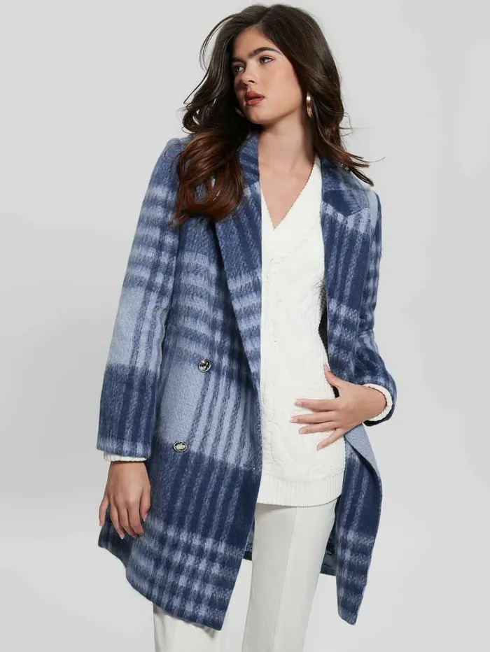 Jackets and Coats GUESS Women Ramona Plaid Coat Blue Check Jackets and Coats GUESS Women Ramona Plaid Coat Blue Check