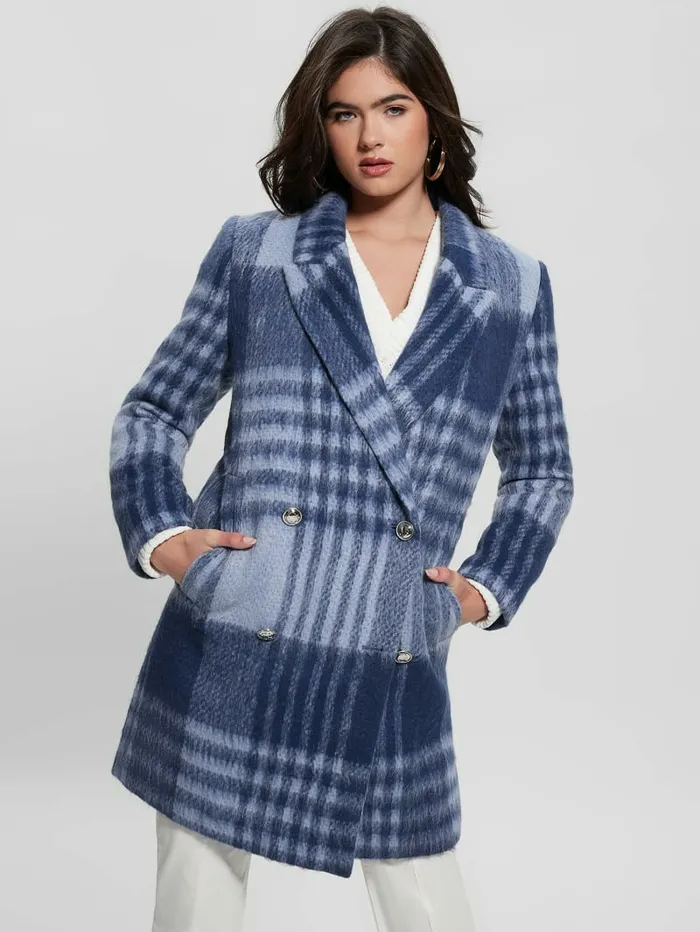 Jackets and Coats GUESS Women Ramona Plaid Coat Blue Check Jackets and Coats GUESS Women Ramona Plaid Coat Blue Check