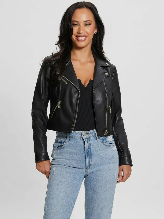 Jackets and Coats GUESS Women Venom Cropped Moto Jacket Jet Black Multi Jackets and Coats GUESS Women Venom Cropped Moto Jacket Jet Black Multi